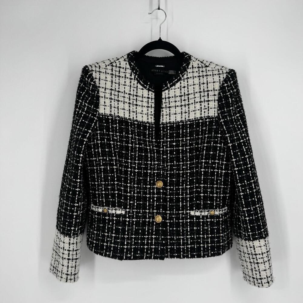 Alice + Olivia jacket womens 12 black white tweed gold buttons jaydn old money - Picture 2 of 7